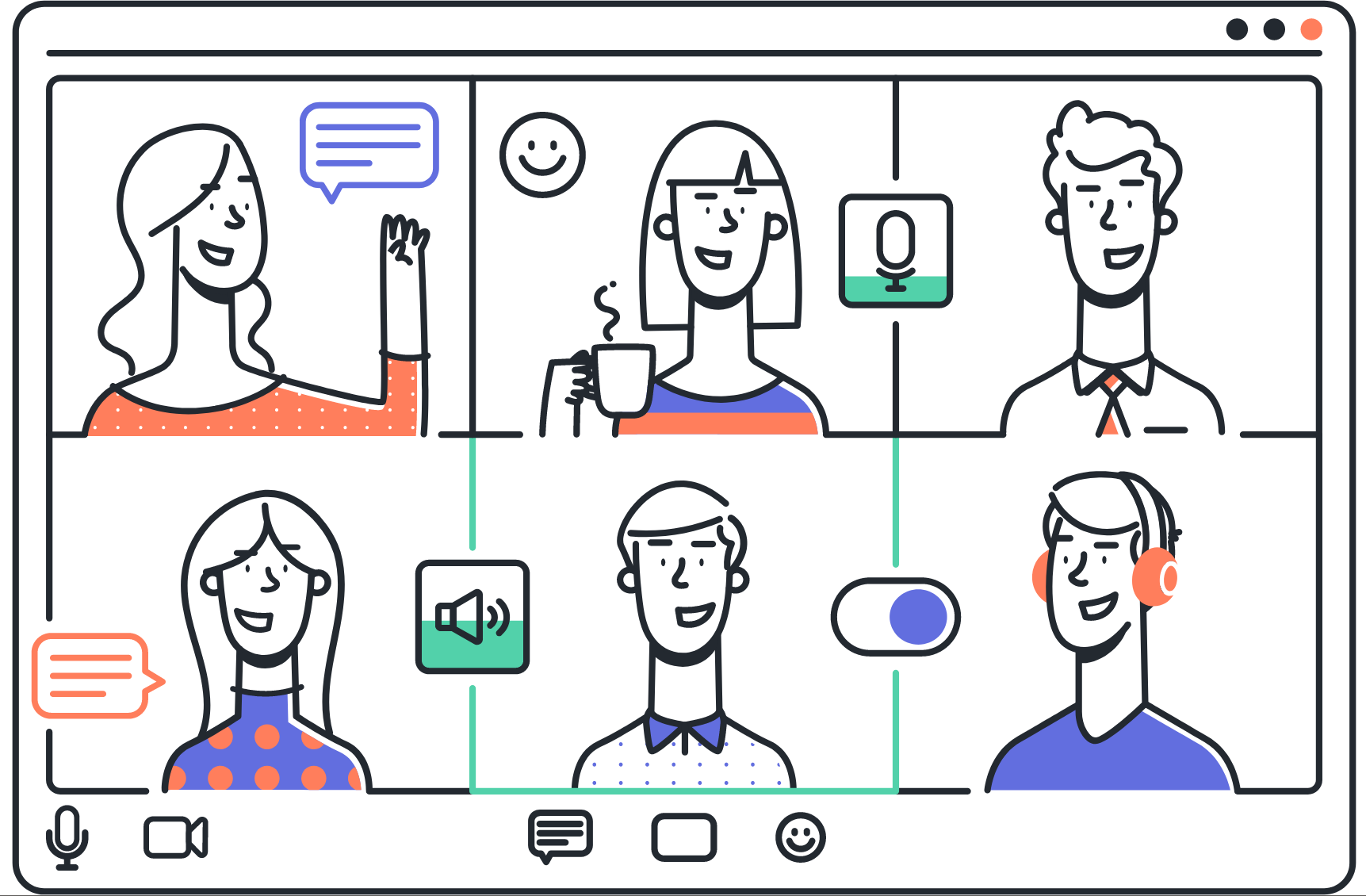 Illustration of six people using a video chat app.