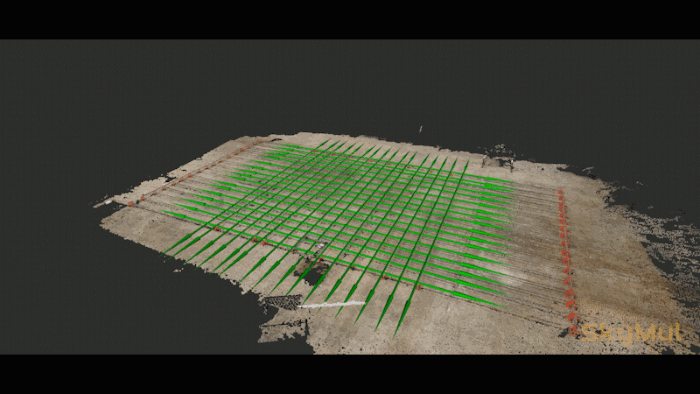 Animated image of a computer-generated grid overlaid on images of rebar.