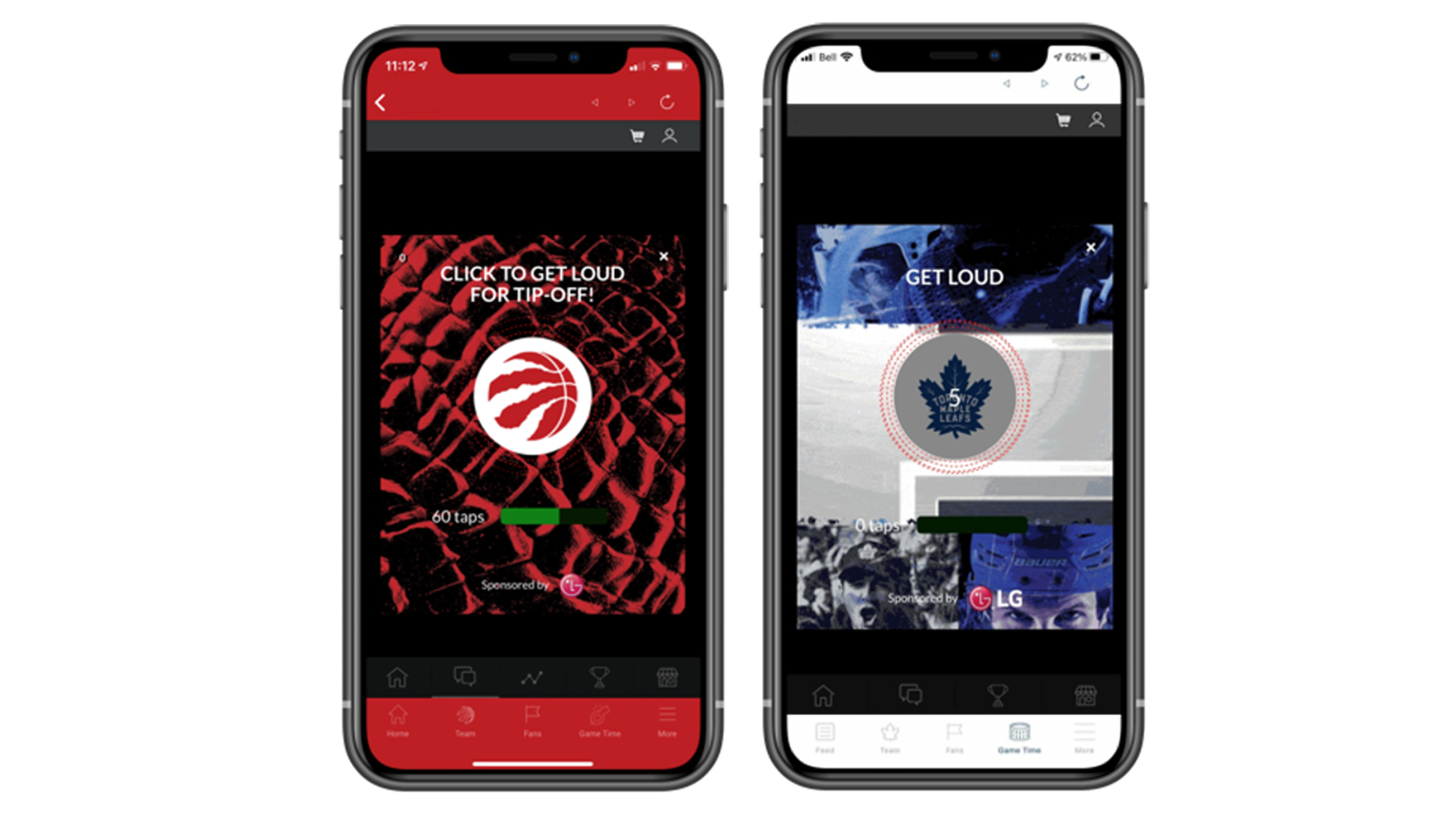 (LEFT) A view of the Toronto Raptors' mobile app. (RIGHT) A view of the Toronto Maple Leafs' mobile app.