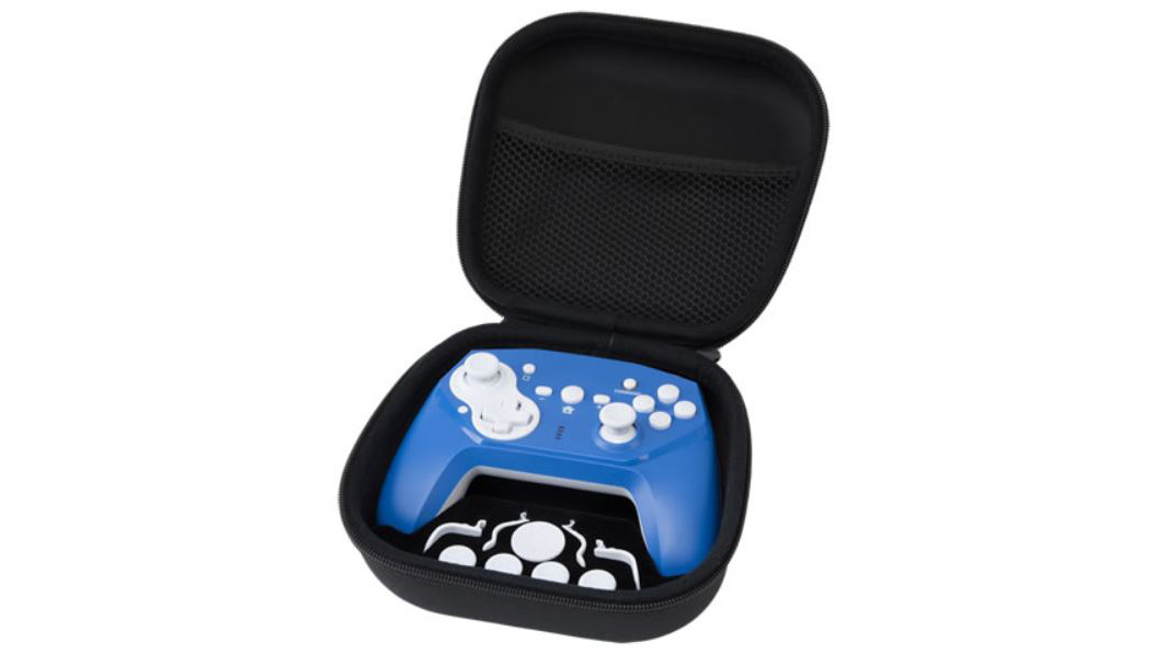 A blue Cyber Gadget controller in storage bag with all attachments.