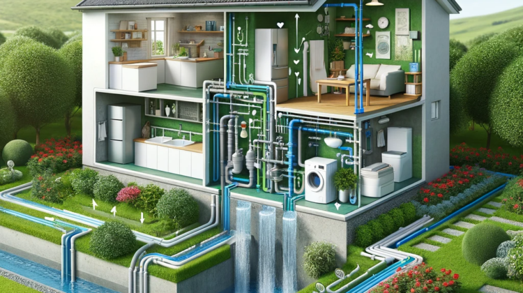 A cutaway illustration of a modern home with an internal greywater system, showing pipes from sinks, showers, and a washing machine leading to a garden.