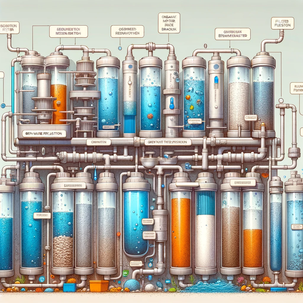 Close-up of a greywater filtration system with various stages of filtering from household sources.