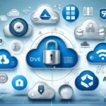 Icons of top cloud storage services (Google Drive, Dropbox, Microsoft OneDrive, Apple iCloud, and Amazon Drive) with secure locks and data encryption symbols on a blue and white background.